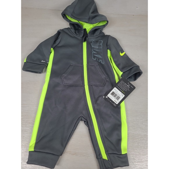 Nike Other - Nike Therma Dri-FIT Baby Hooded Coverall Romper Grey Neon Green Sz 3M 56E231-G1A